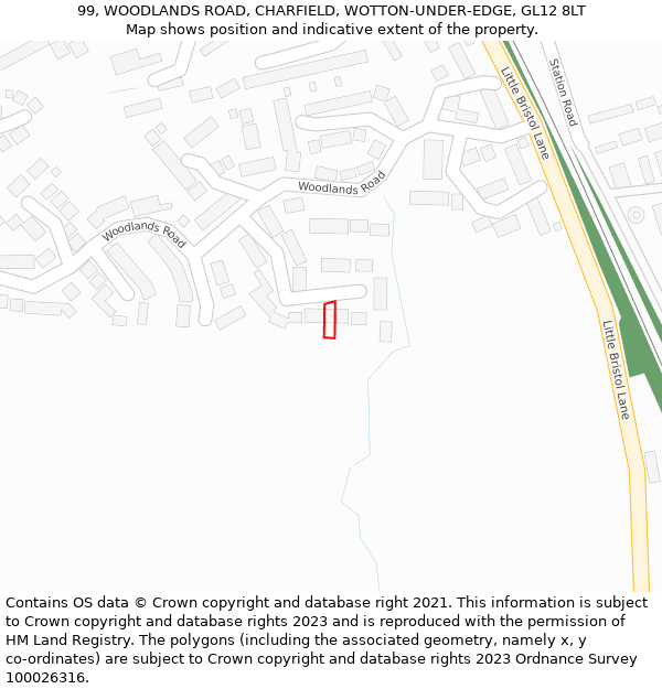 99, WOODLANDS ROAD, CHARFIELD, WOTTON-UNDER-EDGE, GL12 8LT: Location map and indicative extent of plot