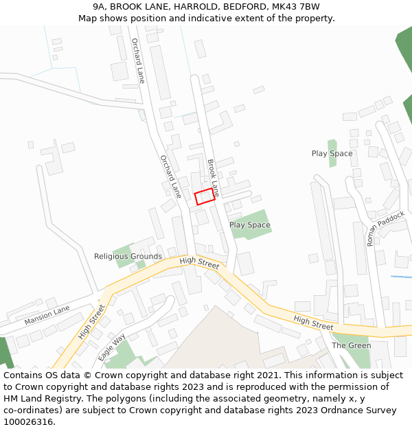 9A, BROOK LANE, HARROLD, BEDFORD, MK43 7BW: Location map and indicative extent of plot