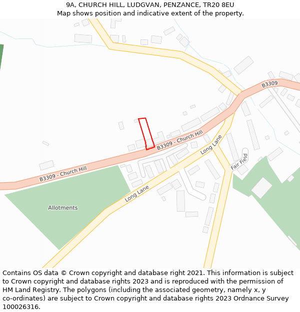 9A, CHURCH HILL, LUDGVAN, PENZANCE, TR20 8EU: Location map and indicative extent of plot