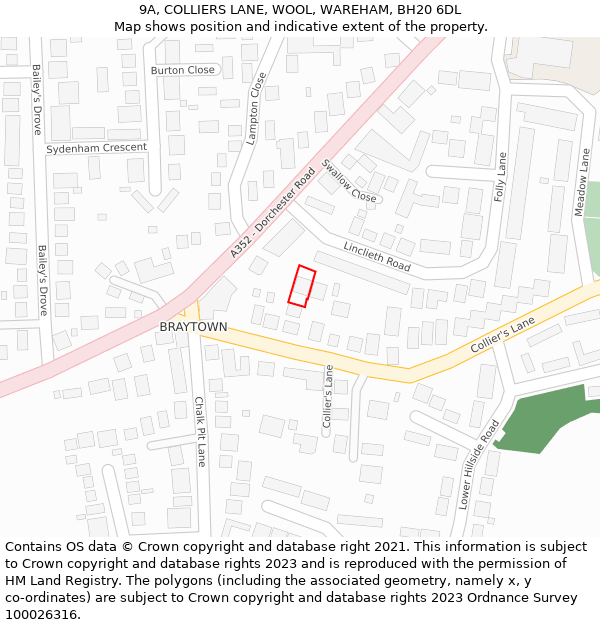 9A, COLLIERS LANE, WOOL, WAREHAM, BH20 6DL: Location map and indicative extent of plot