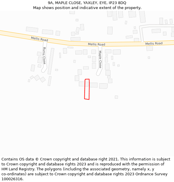 9A, MAPLE CLOSE, YAXLEY, EYE, IP23 8DQ: Location map and indicative extent of plot