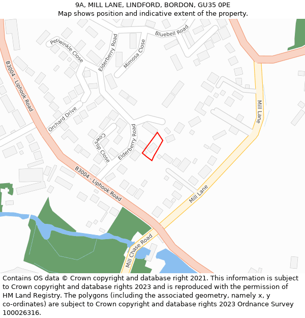 9A, MILL LANE, LINDFORD, BORDON, GU35 0PE: Location map and indicative extent of plot