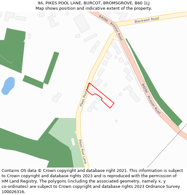 9A, PIKES POOL LANE, BURCOT, BROMSGROVE, B60 1LJ: Location map and indicative extent of plot