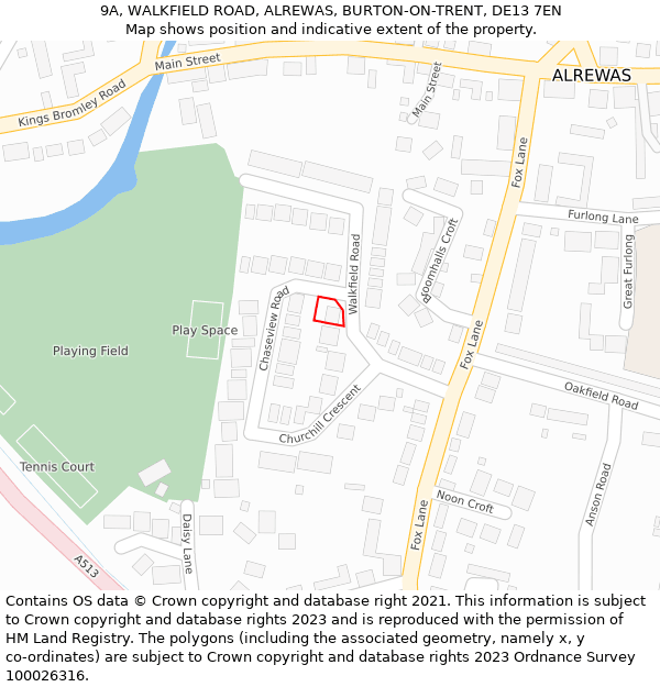 9A, WALKFIELD ROAD, ALREWAS, BURTON-ON-TRENT, DE13 7EN: Location map and indicative extent of plot