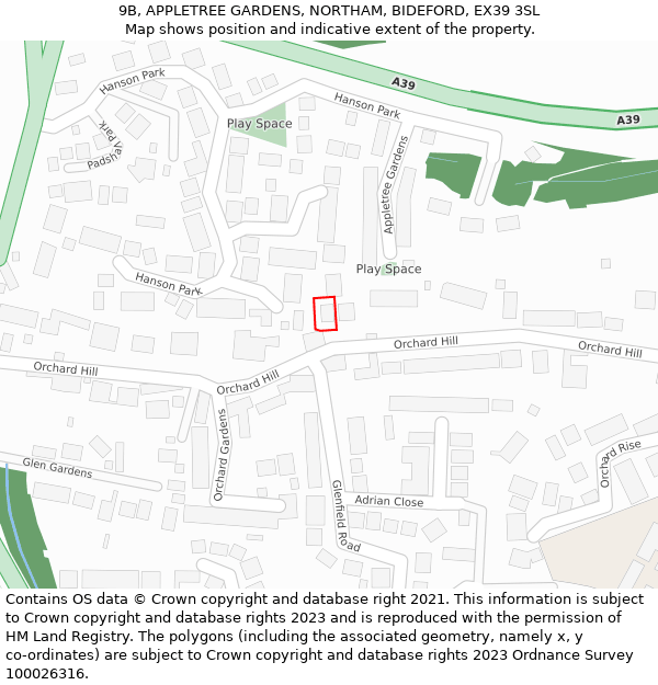 9B, APPLETREE GARDENS, NORTHAM, BIDEFORD, EX39 3SL: Location map and indicative extent of plot