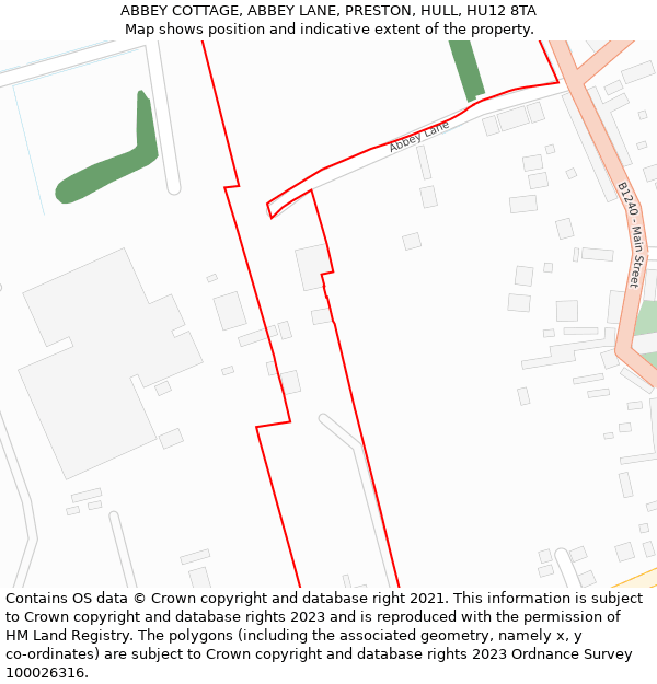 ABBEY COTTAGE, ABBEY LANE, PRESTON, HULL, HU12 8TA: Location map and indicative extent of plot