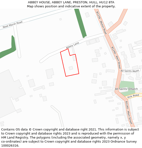ABBEY HOUSE, ABBEY LANE, PRESTON, HULL, HU12 8TA: Location map and indicative extent of plot