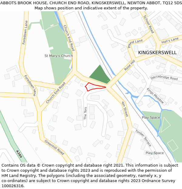 ABBOTS BROOK HOUSE, CHURCH END ROAD, KINGSKERSWELL, NEWTON ABBOT, TQ12 5DS: Location map and indicative extent of plot