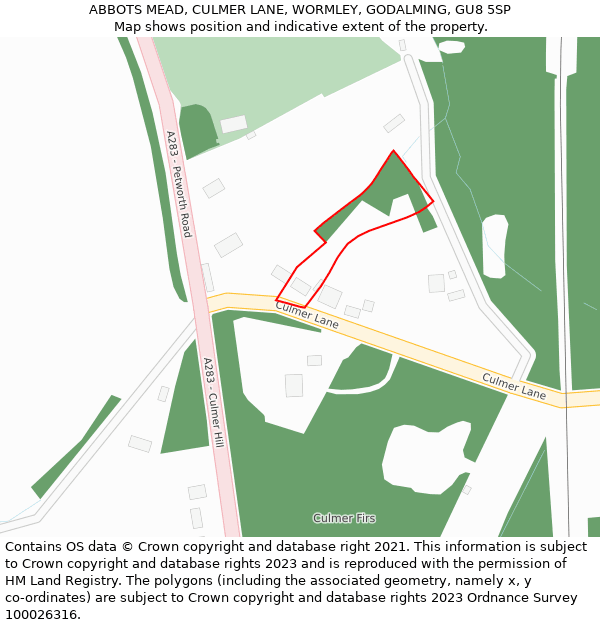 ABBOTS MEAD, CULMER LANE, WORMLEY, GODALMING, GU8 5SP: Location map and indicative extent of plot