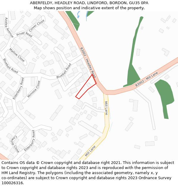 ABERFELDY, HEADLEY ROAD, LINDFORD, BORDON, GU35 0PA: Location map and indicative extent of plot