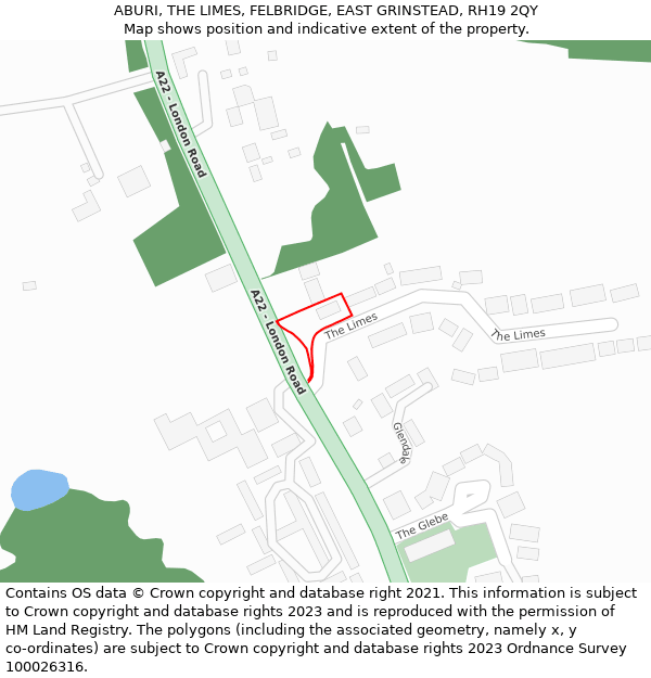 ABURI, THE LIMES, FELBRIDGE, EAST GRINSTEAD, RH19 2QY: Location map and indicative extent of plot