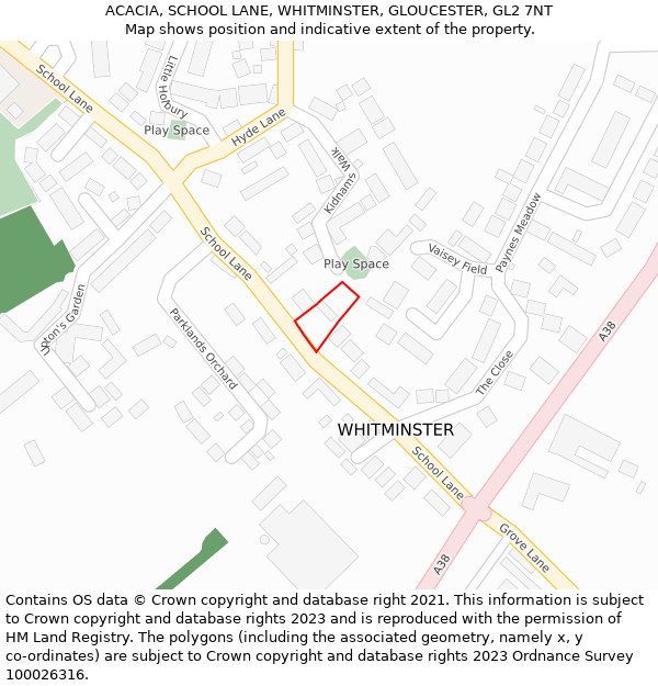 ACACIA, SCHOOL LANE, WHITMINSTER, GLOUCESTER, GL2 7NT: Location map and indicative extent of plot