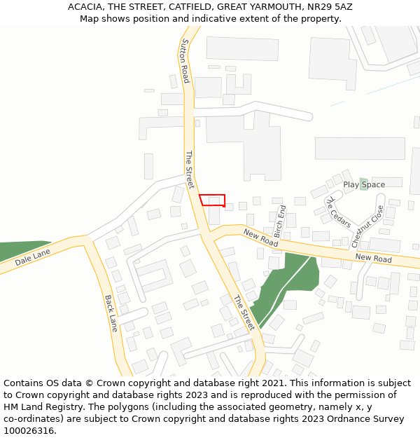 ACACIA, THE STREET, CATFIELD, GREAT YARMOUTH, NR29 5AZ: Location map and indicative extent of plot