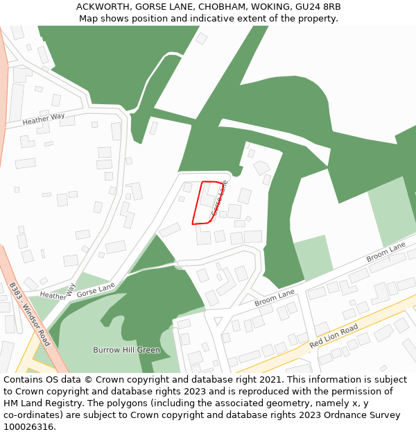 ACKWORTH, GORSE LANE, CHOBHAM, WOKING, GU24 8RB: Location map and indicative extent of plot