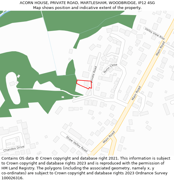 ACORN HOUSE, PRIVATE ROAD, MARTLESHAM, WOODBRIDGE, IP12 4SG: Location map and indicative extent of plot