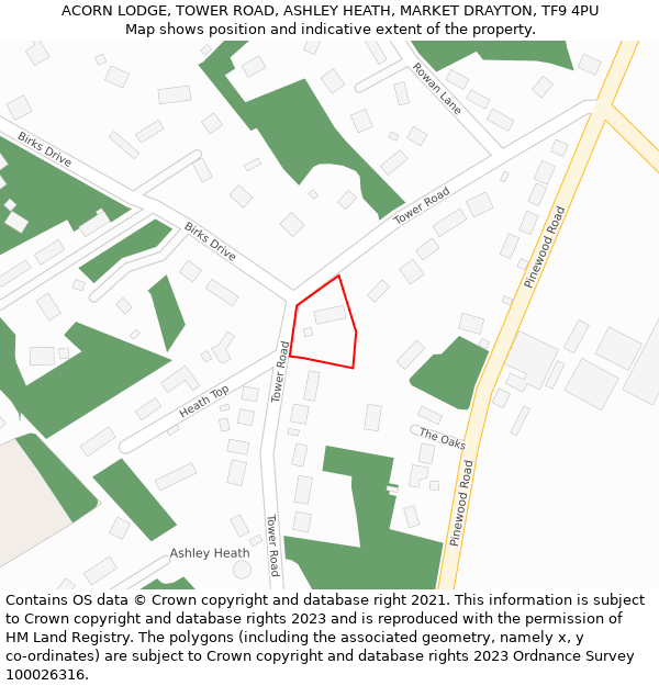 ACORN LODGE, TOWER ROAD, ASHLEY HEATH, MARKET DRAYTON, TF9 4PU: Location map and indicative extent of plot