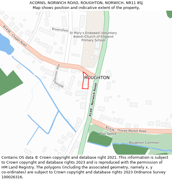 ACORNS, NORWICH ROAD, ROUGHTON, NORWICH, NR11 8SJ: Location map and indicative extent of plot