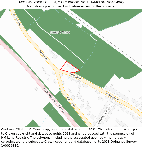 ACORNS, POOKS GREEN, MARCHWOOD, SOUTHAMPTON, SO40 4WQ: Location map and indicative extent of plot