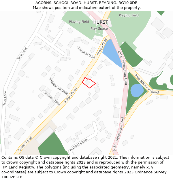 ACORNS, SCHOOL ROAD, HURST, READING, RG10 0DR: Location map and indicative extent of plot