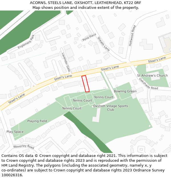 ACORNS, STEELS LANE, OXSHOTT, LEATHERHEAD, KT22 0RF: Location map and indicative extent of plot