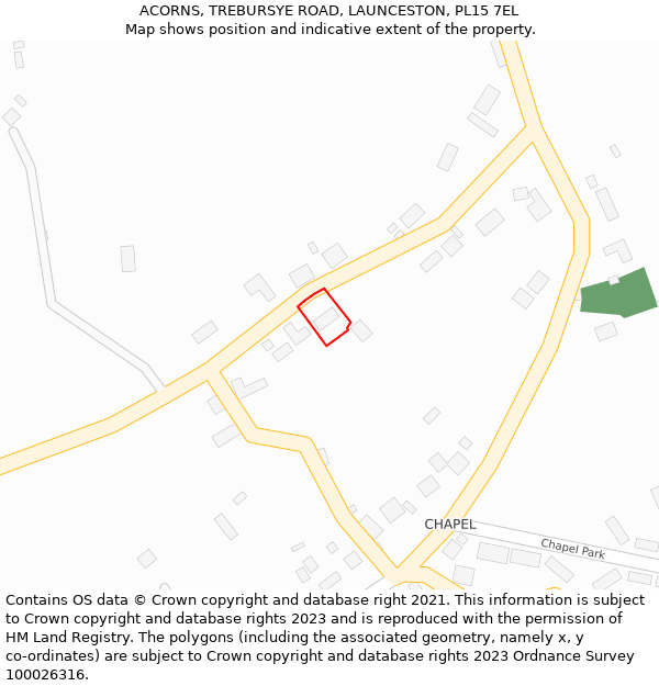 ACORNS, TREBURSYE ROAD, LAUNCESTON, PL15 7EL: Location map and indicative extent of plot