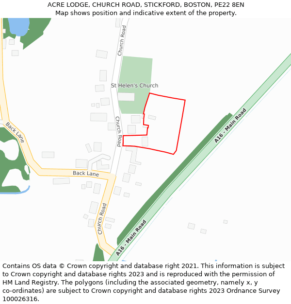 ACRE LODGE, CHURCH ROAD, STICKFORD, BOSTON, PE22 8EN: Location map and indicative extent of plot