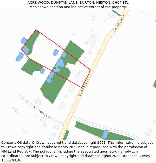 ACRE WOOD, DUNSTAN LANE, BURTON, NESTON, CH64 8TL: Location map and indicative extent of plot