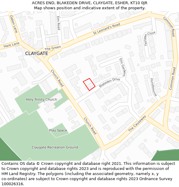 ACRES END, BLAKEDEN DRIVE, CLAYGATE, ESHER, KT10 0JR: Location map and indicative extent of plot