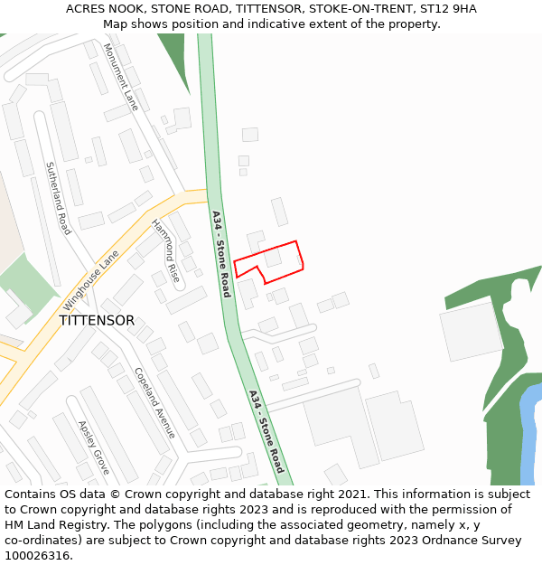ACRES NOOK, STONE ROAD, TITTENSOR, STOKE-ON-TRENT, ST12 9HA: Location map and indicative extent of plot