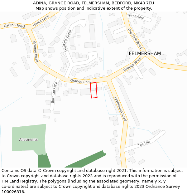 ADINA, GRANGE ROAD, FELMERSHAM, BEDFORD, MK43 7EU: Location map and indicative extent of plot