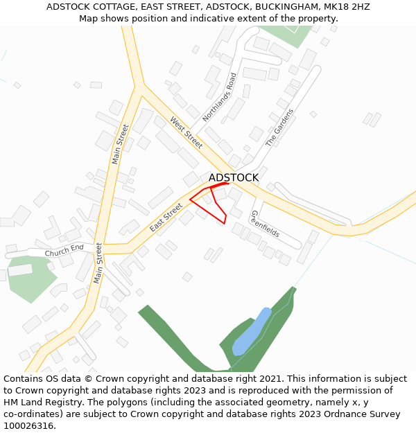 ADSTOCK COTTAGE, EAST STREET, ADSTOCK, BUCKINGHAM, MK18 2HZ: Location map and indicative extent of plot
