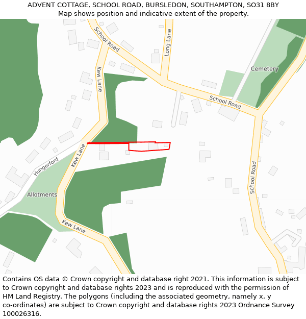 ADVENT COTTAGE, SCHOOL ROAD, BURSLEDON, SOUTHAMPTON, SO31 8BY: Location map and indicative extent of plot