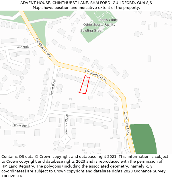 ADVENT HOUSE, CHINTHURST LANE, SHALFORD, GUILDFORD, GU4 8JS: Location map and indicative extent of plot