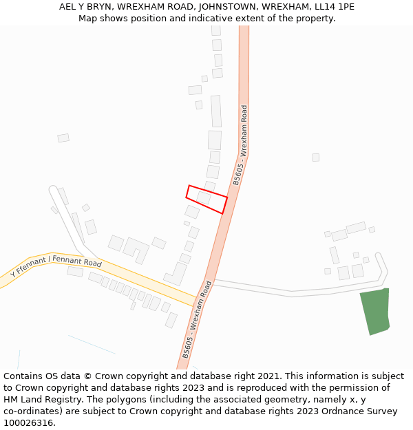 AEL Y BRYN, WREXHAM ROAD, JOHNSTOWN, WREXHAM, LL14 1PE: Location map and indicative extent of plot