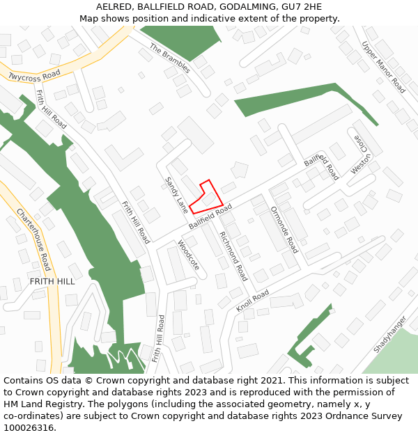 AELRED, BALLFIELD ROAD, GODALMING, GU7 2HE: Location map and indicative extent of plot
