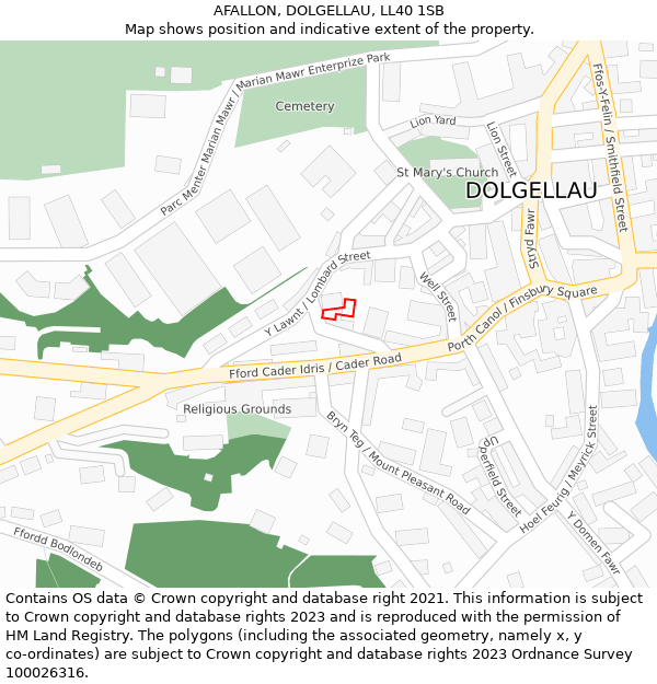 AFALLON, DOLGELLAU, LL40 1SB: Location map and indicative extent of plot