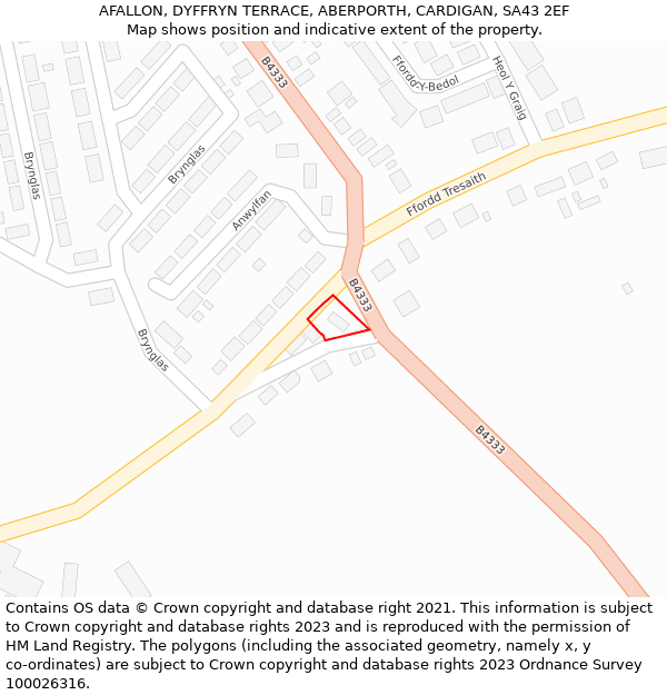 AFALLON, DYFFRYN TERRACE, ABERPORTH, CARDIGAN, SA43 2EF: Location map and indicative extent of plot