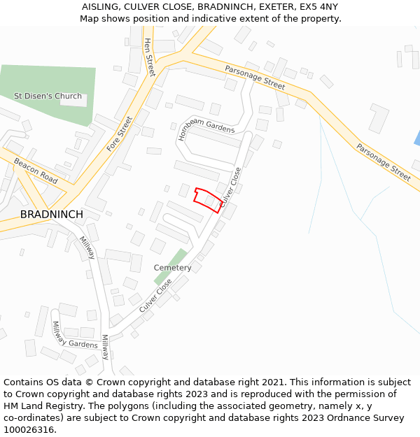 AISLING, CULVER CLOSE, BRADNINCH, EXETER, EX5 4NY: Location map and indicative extent of plot