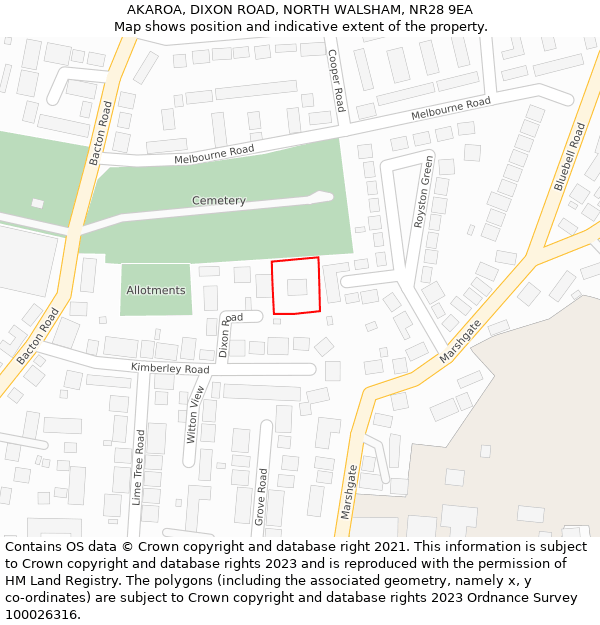 AKAROA, DIXON ROAD, NORTH WALSHAM, NR28 9EA: Location map and indicative extent of plot