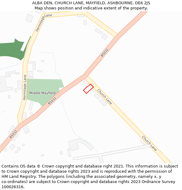 ALBA DEN, CHURCH LANE, MAYFIELD, ASHBOURNE, DE6 2JS: Location map and indicative extent of plot