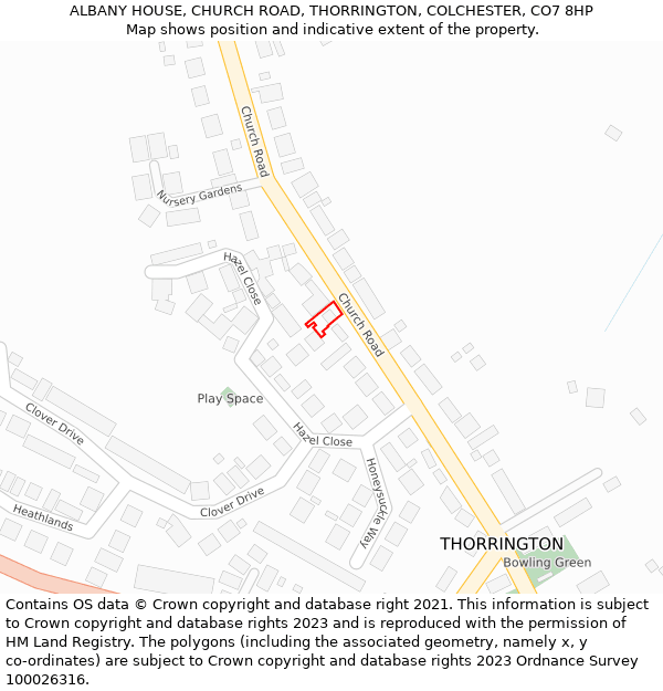 ALBANY HOUSE, CHURCH ROAD, THORRINGTON, COLCHESTER, CO7 8HP: Location map and indicative extent of plot