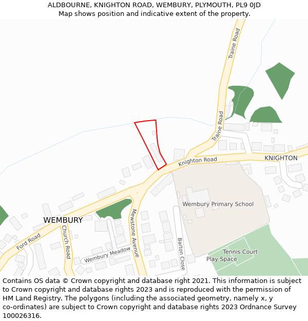 ALDBOURNE, KNIGHTON ROAD, WEMBURY, PLYMOUTH, PL9 0JD: Location map and indicative extent of plot