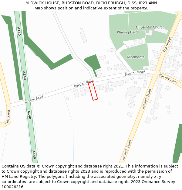 ALDWICK HOUSE, BURSTON ROAD, DICKLEBURGH, DISS, IP21 4NN: Location map and indicative extent of plot