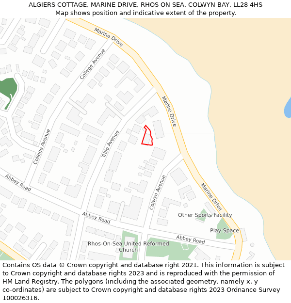 ALGIERS COTTAGE, MARINE DRIVE, RHOS ON SEA, COLWYN BAY, LL28 4HS: Location map and indicative extent of plot
