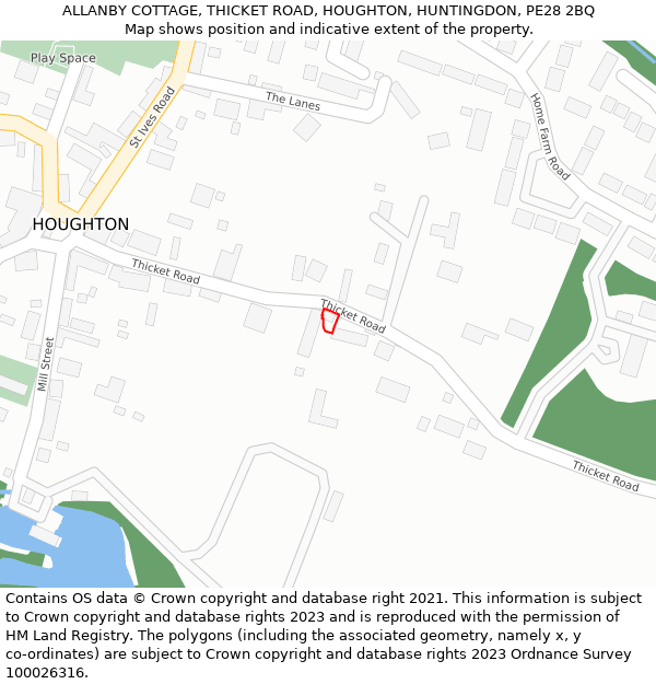 ALLANBY COTTAGE, THICKET ROAD, HOUGHTON, HUNTINGDON, PE28 2BQ: Location map and indicative extent of plot