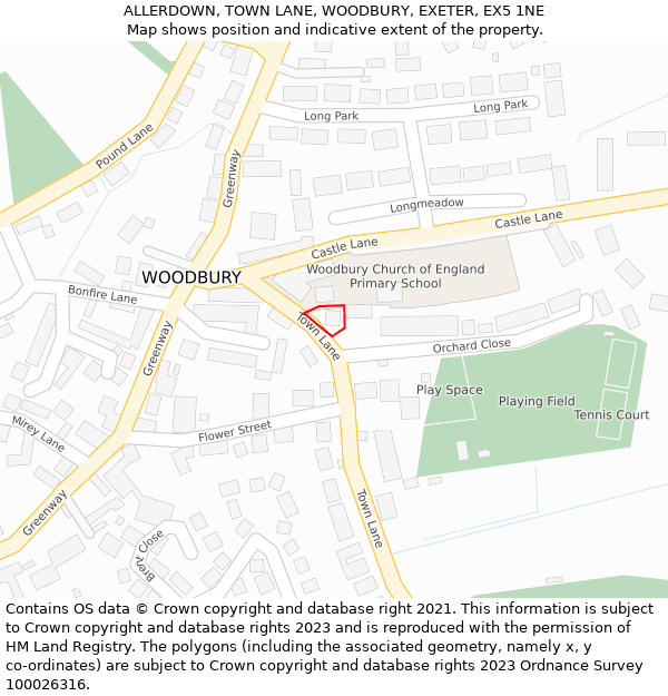 ALLERDOWN, TOWN LANE, WOODBURY, EXETER, EX5 1NE: Location map and indicative extent of plot