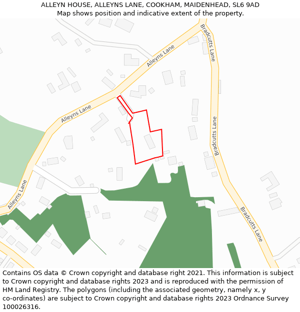 ALLEYN HOUSE, ALLEYNS LANE, COOKHAM, MAIDENHEAD, SL6 9AD: Location map and indicative extent of plot