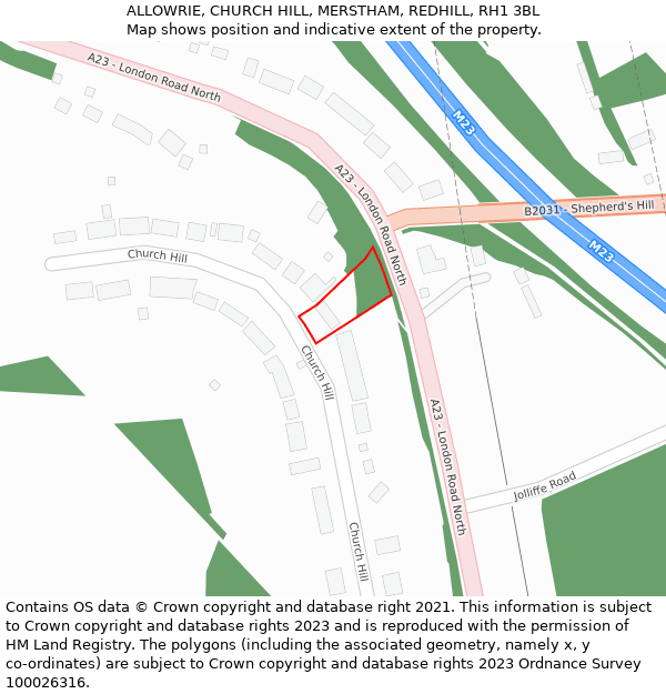ALLOWRIE, CHURCH HILL, MERSTHAM, REDHILL, RH1 3BL: Location map and indicative extent of plot