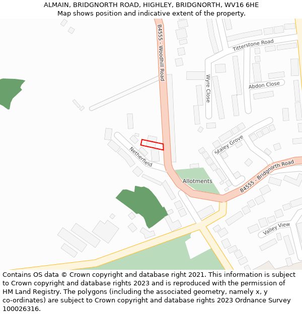 ALMAIN, BRIDGNORTH ROAD, HIGHLEY, BRIDGNORTH, WV16 6HE: Location map and indicative extent of plot