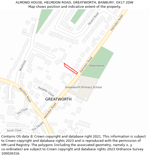 ALMOND HOUSE, HELMDON ROAD, GREATWORTH, BANBURY, OX17 2DW: Location map and indicative extent of plot